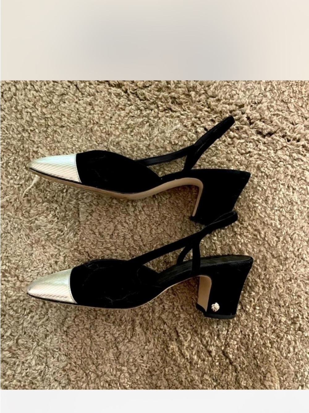 Black Slingback Block Heel Pumps with Silver Cap Toe